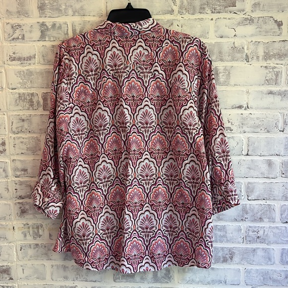Chicos Sz 2 Women’s US 12 L 100% Linen Pink Paisley Button Up Blouse 3/4 Sleeve - Picture 5 of 8